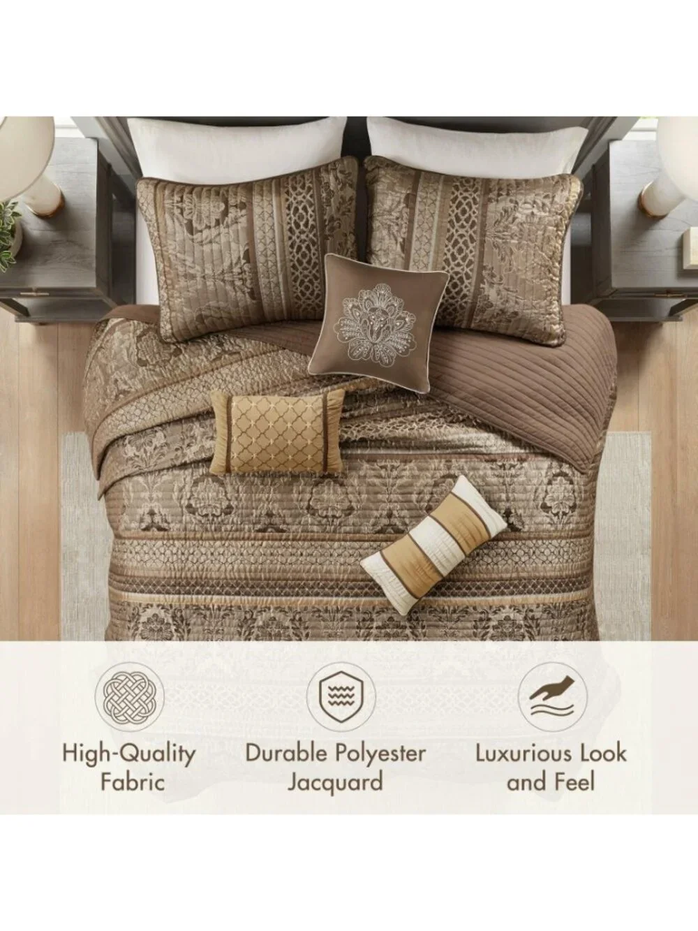 Madison Park Bellagio Jacquard 6 Piece Full Queen Quilt Set Brown Gold MSRP $320